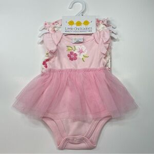 Little Chickadees NWT Girls‎ Pink And Floral Three Piece Bodysuit Pack SZ 3-6M.